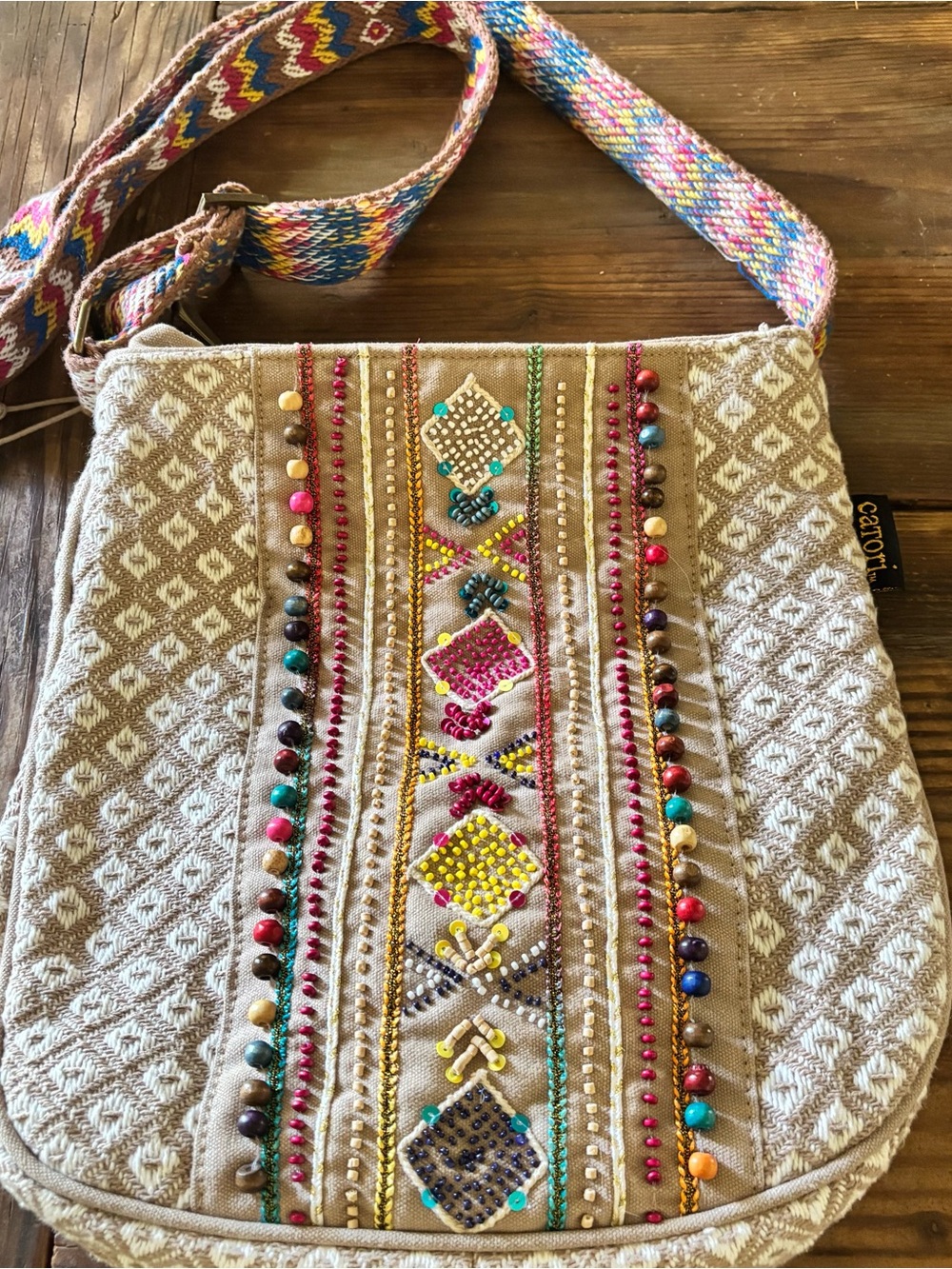 Embroidered Boho Crossbody Bag in Beige with Multicolor Accents